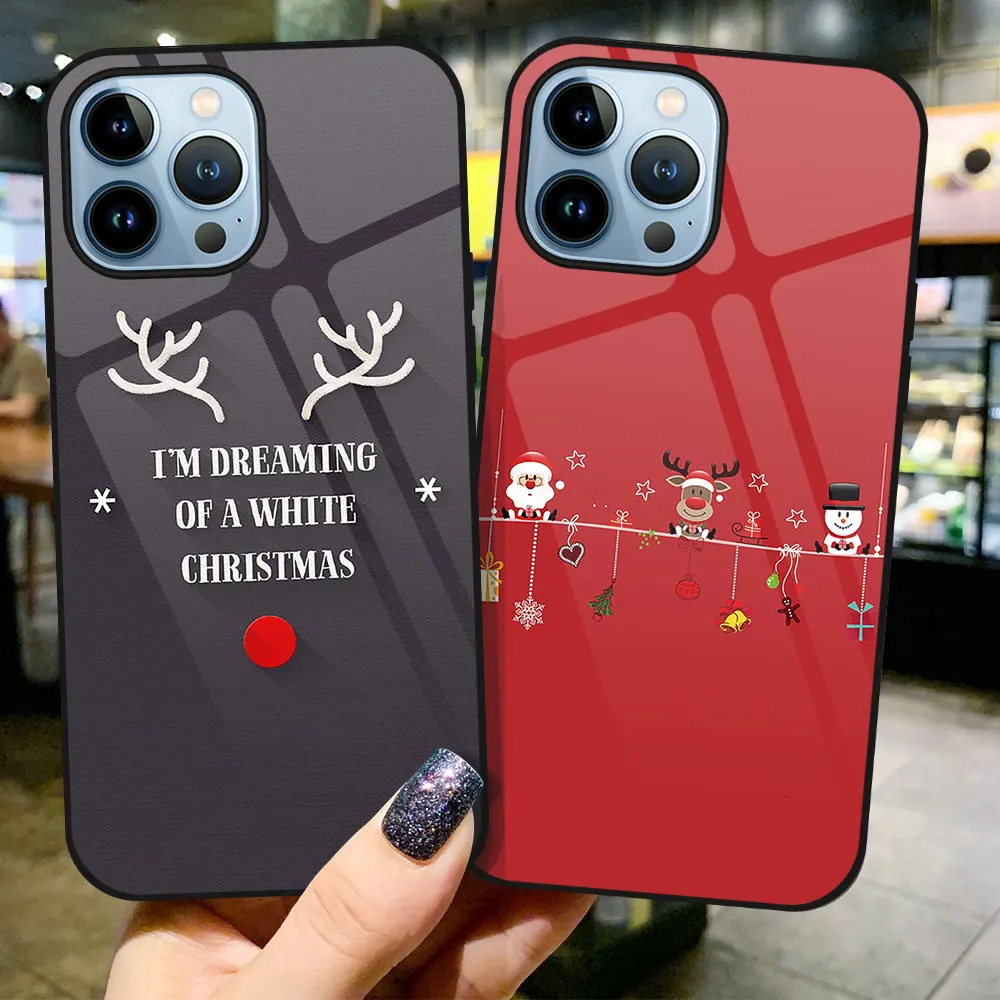 

Glass Case for Iphone 14 11 13 12 Mini Pro Max XS X XR 7 8 6 6S Plus SE 2022 2020 Cover Christmas Cute Santa Claus Elk Fundas