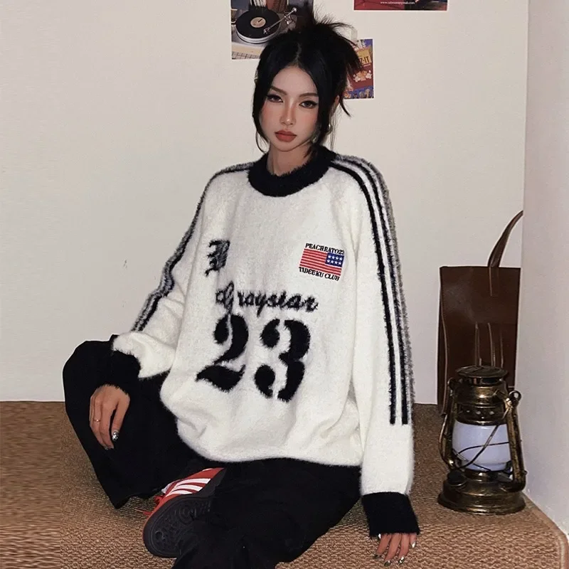 Модный американский стиль жаккардовый ангорский свитер с круглым вырезом для