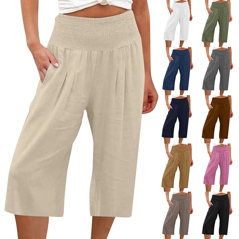 2023 New Summer Woman Cropped Trousers Elastic Waist Casual Cotton Linen Pants Women Solid Color Loose Beach Pants