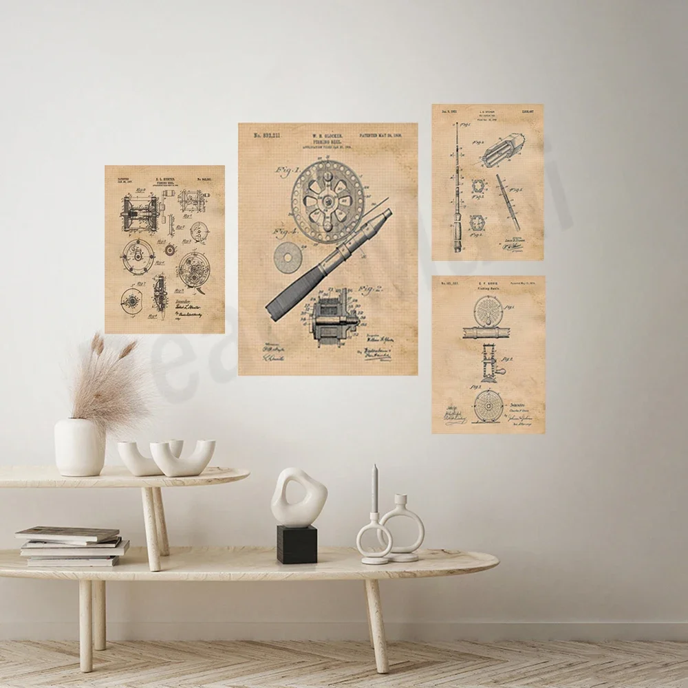 Патентный принт на рыболовную катушку в стиле ретро настенный художественный