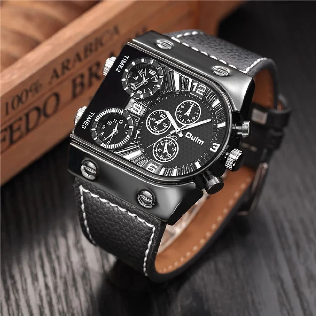 

Oulm 9315 Watches Mens Quartz Casual Leather Strap Wristwatch Sports Multi-Time Zone Military Male Clock Relogio Masculino
