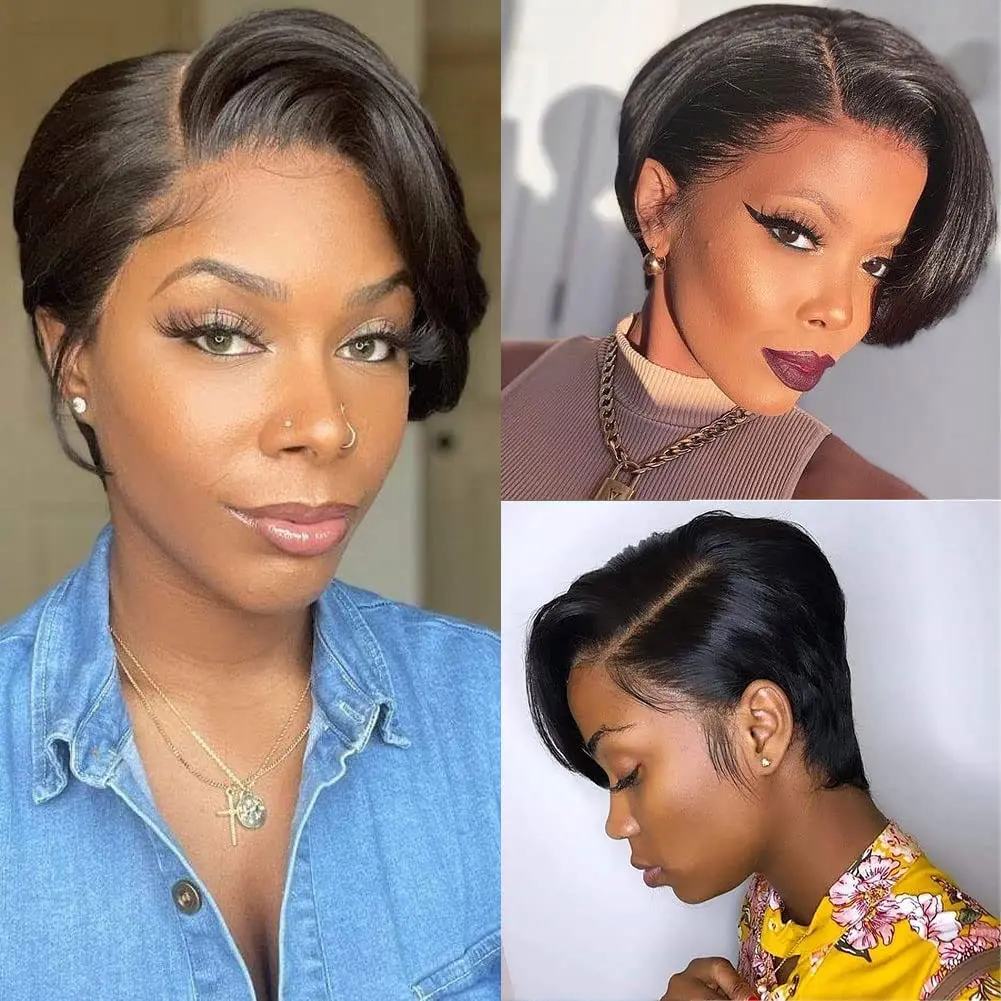 

Straight Pixie Cut Wig Shortcut Bob Wigs Human Hair For Women L Part Lace Curved Wig Perruque Cheveux Humain On Sale Frete Grati