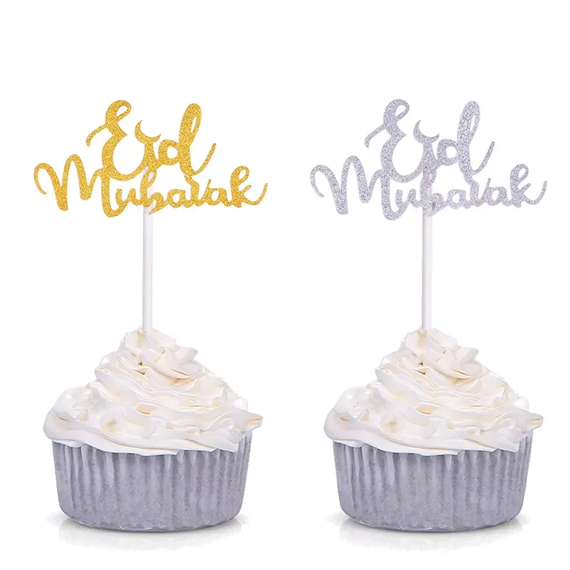 

Gold Silver Glitter Eid Mubarak Cupcake Toppers EID Ramadan Festival Bunting Islamic Muslim Mubarak Party Decoration