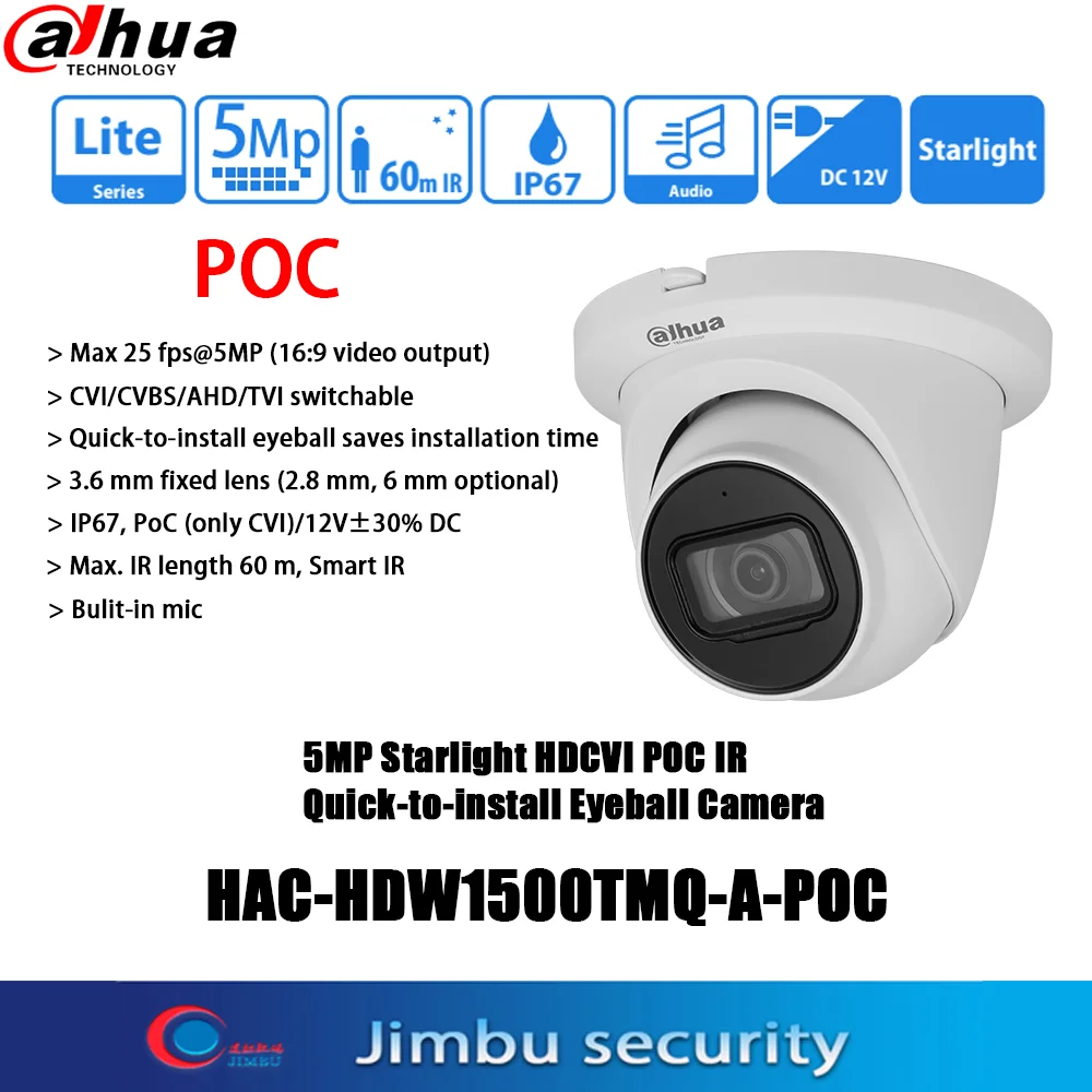 

Dahua 5MP HDCVI POC HAC-HDW1500TMQ-A-POC Bulit in mic Starlight IR60M CVI/CVBS/AHD/TVI switchable IR analog camera