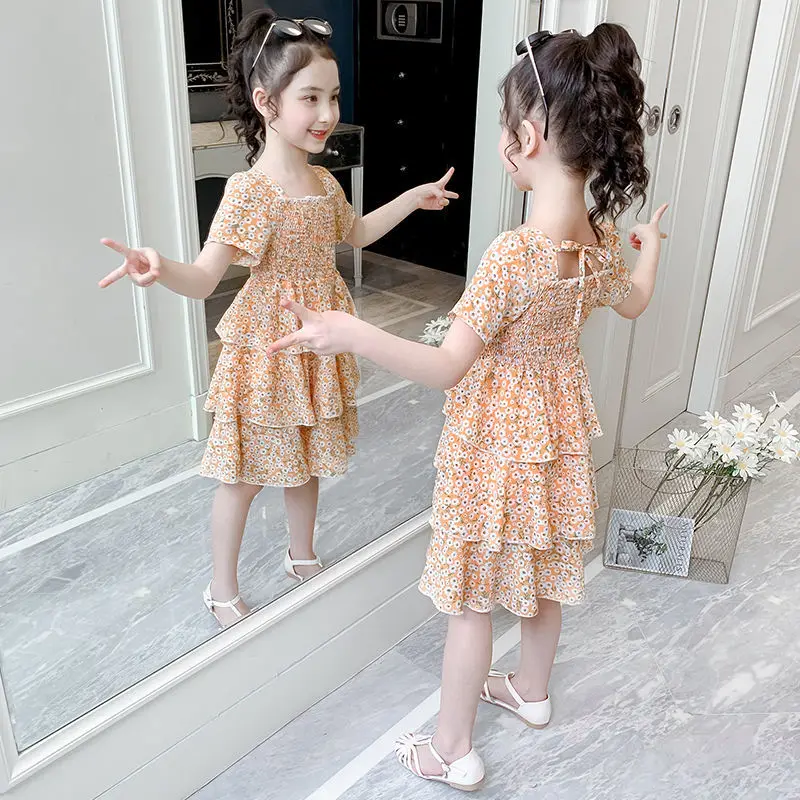 2022 Summer Girls Ball Gown Dress Tight Waist Children's Clothing Short Sleeve Kids 2-12 Years Old Cake Cupcake Chiffon |