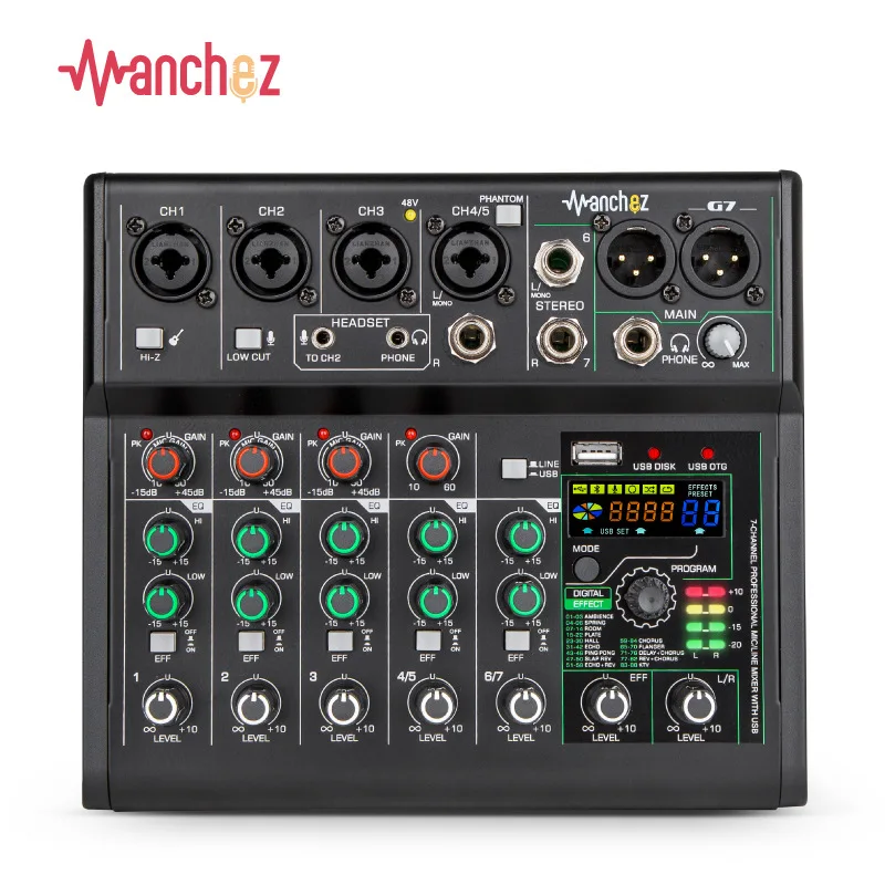 

Manchez G7 Mini 7 Channel Sound Card Mixer USB Console DJ Karaoke Smartphone Professional Computer Recording 48V Live Broadcast