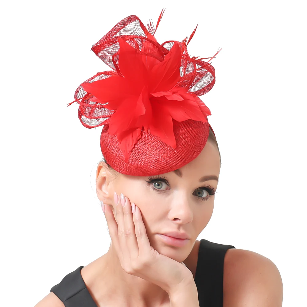 Ярко-розовые элегантные чародеи с перьями шляпа необычные головные уборы Sinamay