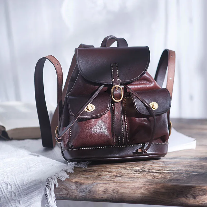 Fashion Luxury Designer Natural genuine Leather Ladies Small Contrast Color Backpack Casual Outdoor Real Leather Backpack Women