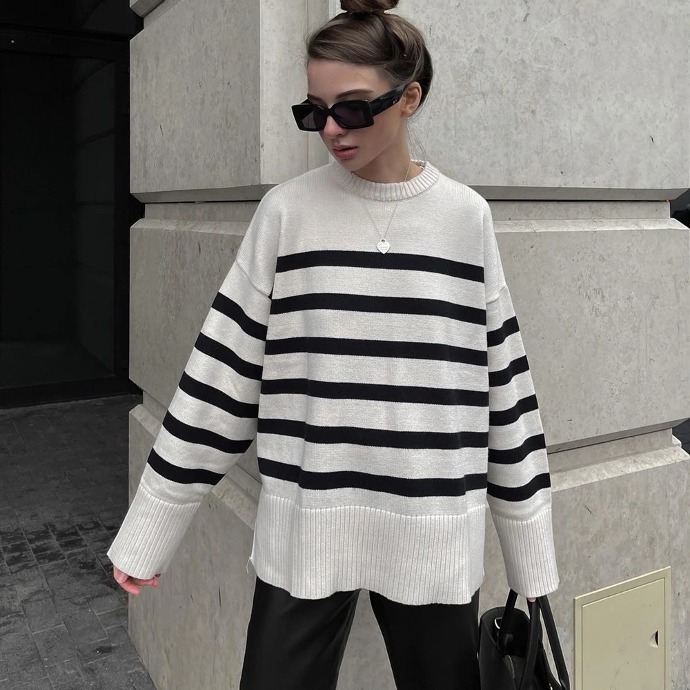 

Autumn Winter Striped Knitted Loose Sweater Women Fashion Long Sleeve O Neck Pullover Tops Casual Streetwear Jumper Female New