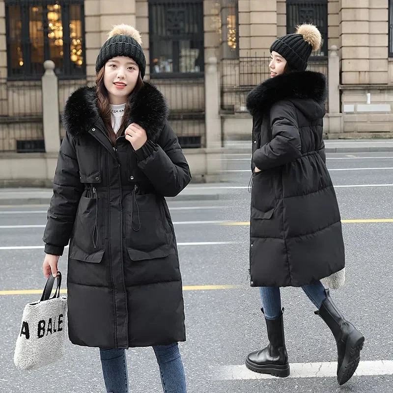 

2023 New Winter Women Jacket Long Parkas Female Down Cotton Fur Collar Hooded Overcoat Thick Warm Jackets Windproof Student Coat