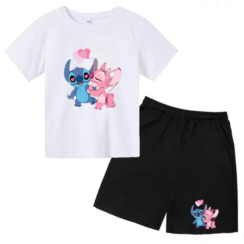 Boys and Girls Stitch Cartoon T-shirt Summer Kids Fashion Disney Clothing 3-12 Years Old Brand Casual Top + Shorts Kawaii Suit