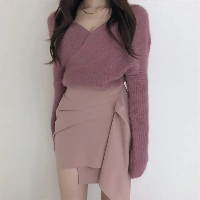 

Корейский шикарный пикантный свитер с перекрестным V-образным вырезом розовые однотонные мягкие теплые свободные элегантные милые вязаные...