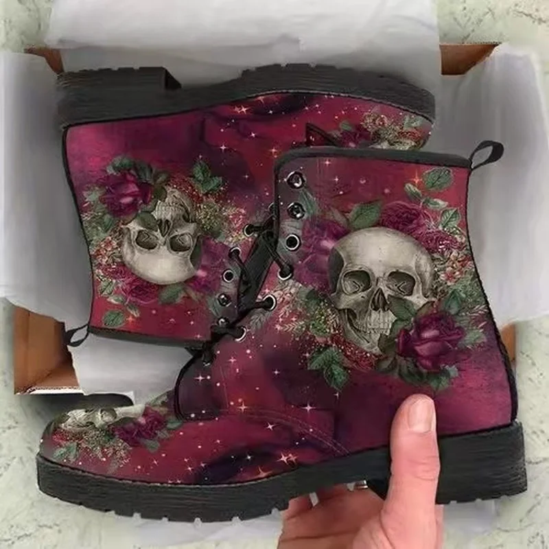 2022 Women Ankle Boots Low Heels Shoes Woman Vintage Pu Leather Autumn Warm Winter high Snow Boots Motorcycle Skull Pansy