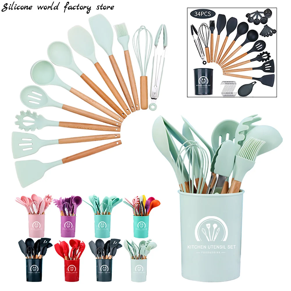 Silicone world Silicone Cooking Utensil Set Kitchen Cooking Tools Wooden Handle Spatula Spoon Non-stick Cookware Kitchen Tools