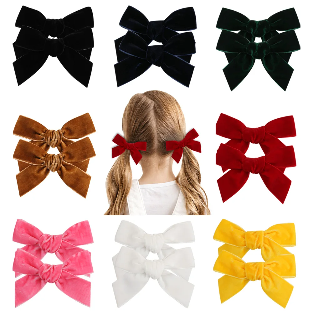 

ncmama Autumn Winter Flannel Bow Hair Clip Solid Color Trapezoid Hand Knotted Hairbows Hairpins Hair Accessories10x6cm 10g 2pcs