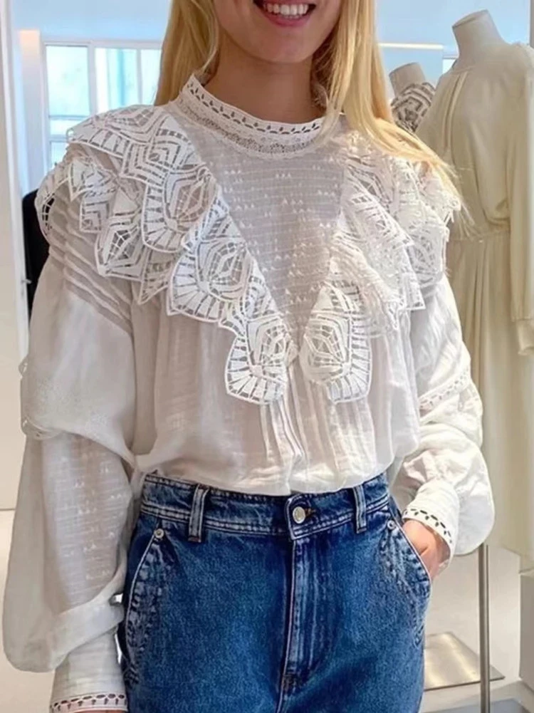

2022 Early Spring Women's Ruffles Lace Splicing Shirt Elegant Waist Lace-Up Ladies Sweet Lantern Sleeve Blouse Tops