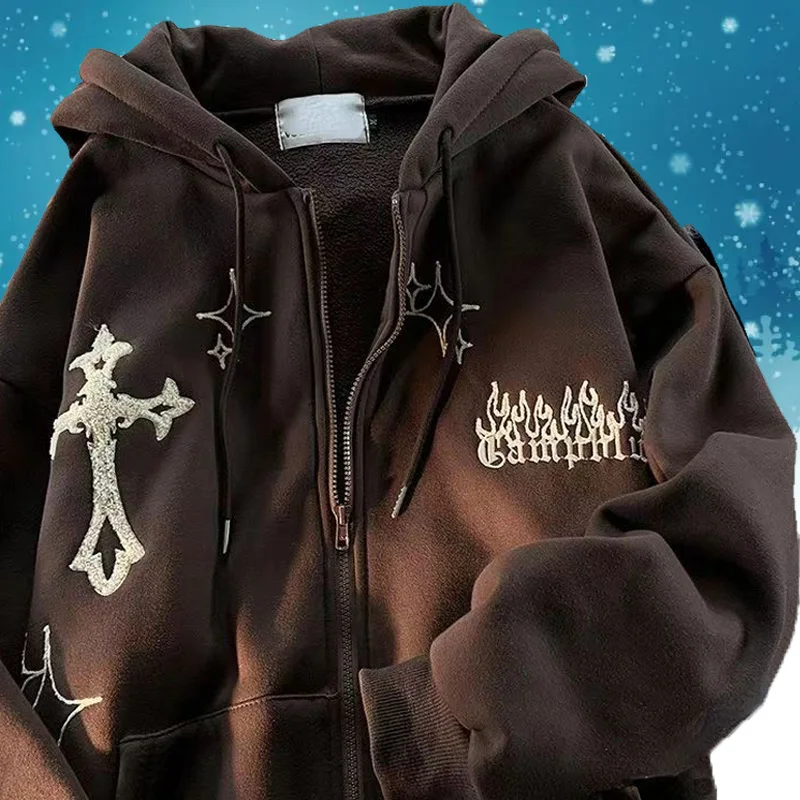 

Brown Outwear Y2k Embroidery Hoodies Women Streetwear Japanese 2022 Zip Up Print Sweatshirts Hooded Pocket Y2k Clothes Outwear