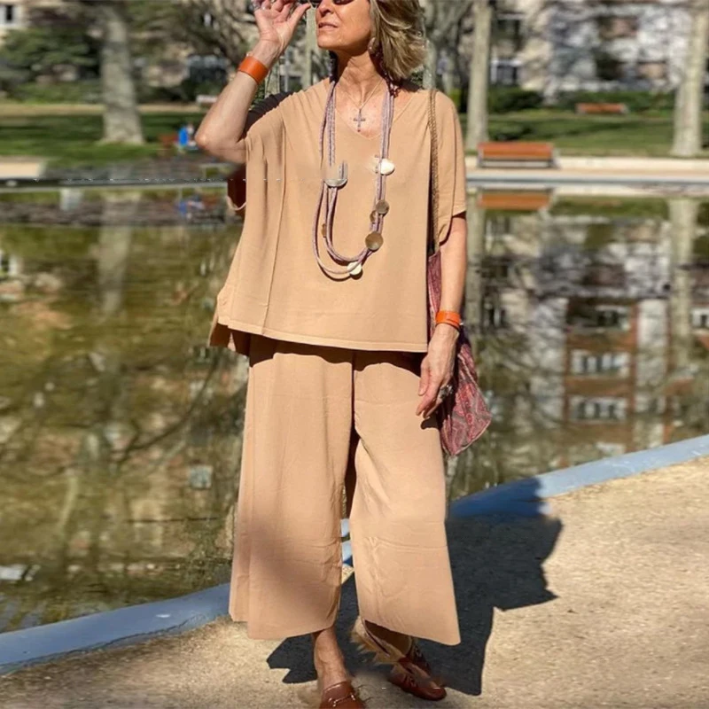 

Female Wide Leg Pant Loose Homewear Outfit Elegant V Neck Short Sleeve Pullover Solid Suit Simple Casual Comfortable 2 Piece Set