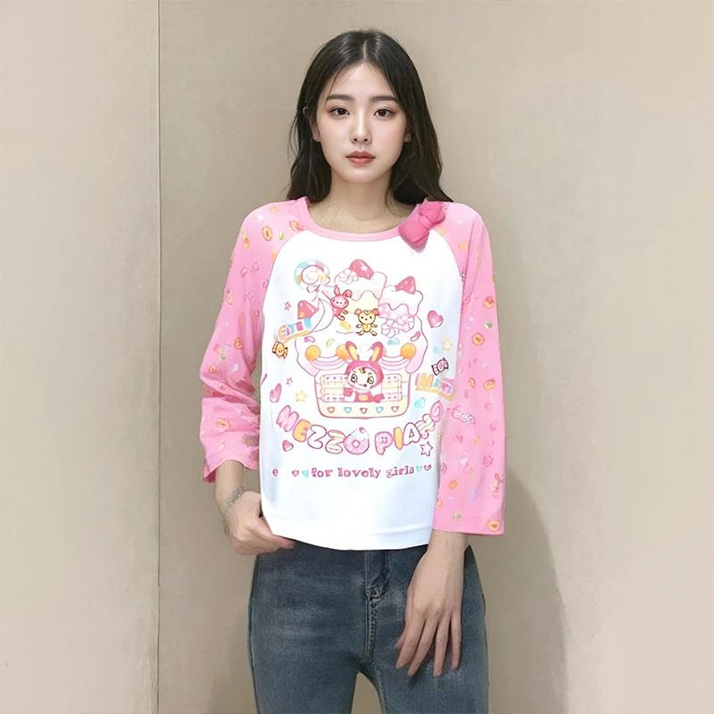 Японская субкультура милая футболка с мультяшным принтом осенняя новая бантом и