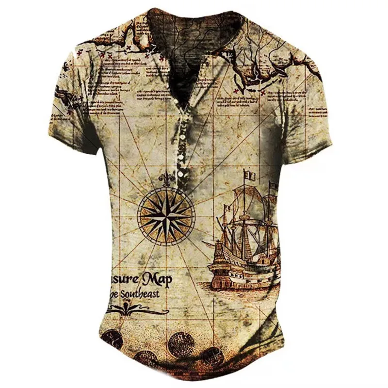 

Футболка мужская с принтом якоря, хлопок, винтажная одежда, оверсайз, Повседневная рубашка с V-образным вырезом, топы с американскими пугови...