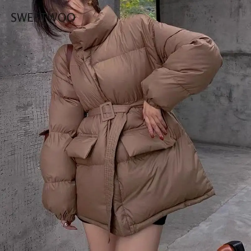 Winter Coat Ladies Parker Coat Shiny Surface Warmth Thick Thick Cotton Casual Loose Women Jacket Ladies Belted Jacket 2022 New