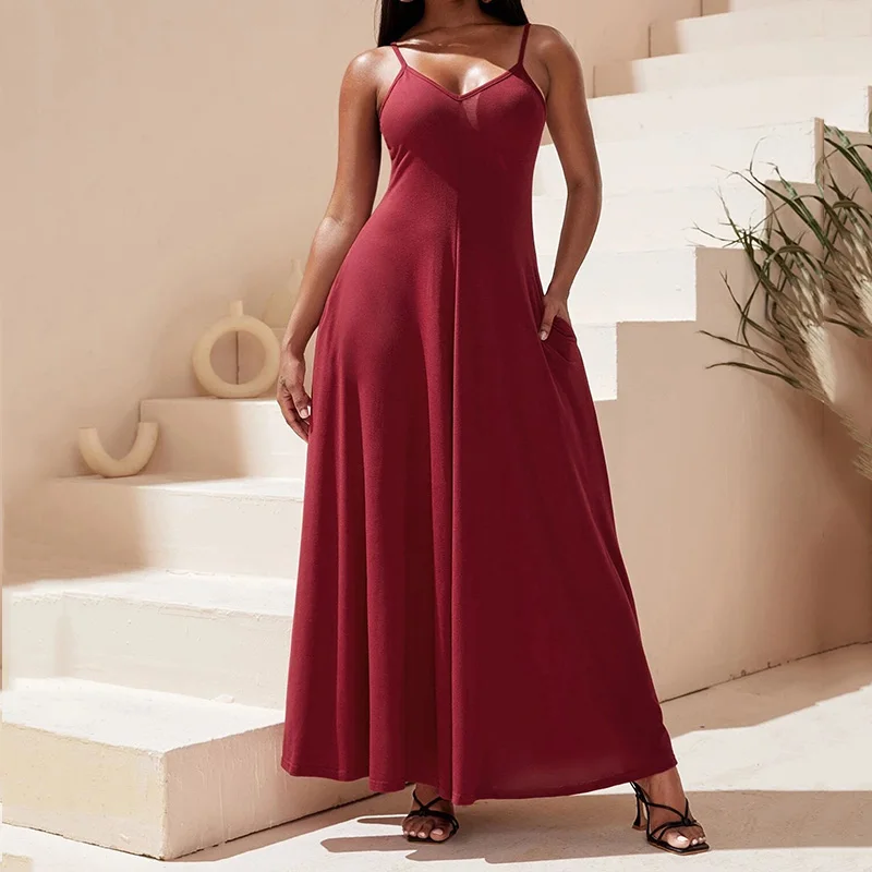 

Solid High Wasit Pocket A-line Spaghetti Strap Maxi Dress Women Summer Plain Sleeveless Backless Sexy V-neck Club Wear Dress