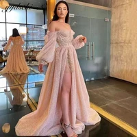 pink sparkly sequined prom gowns puff long sleeves high side slit off the shoulder a line sweetheart formal evening dresses 2022