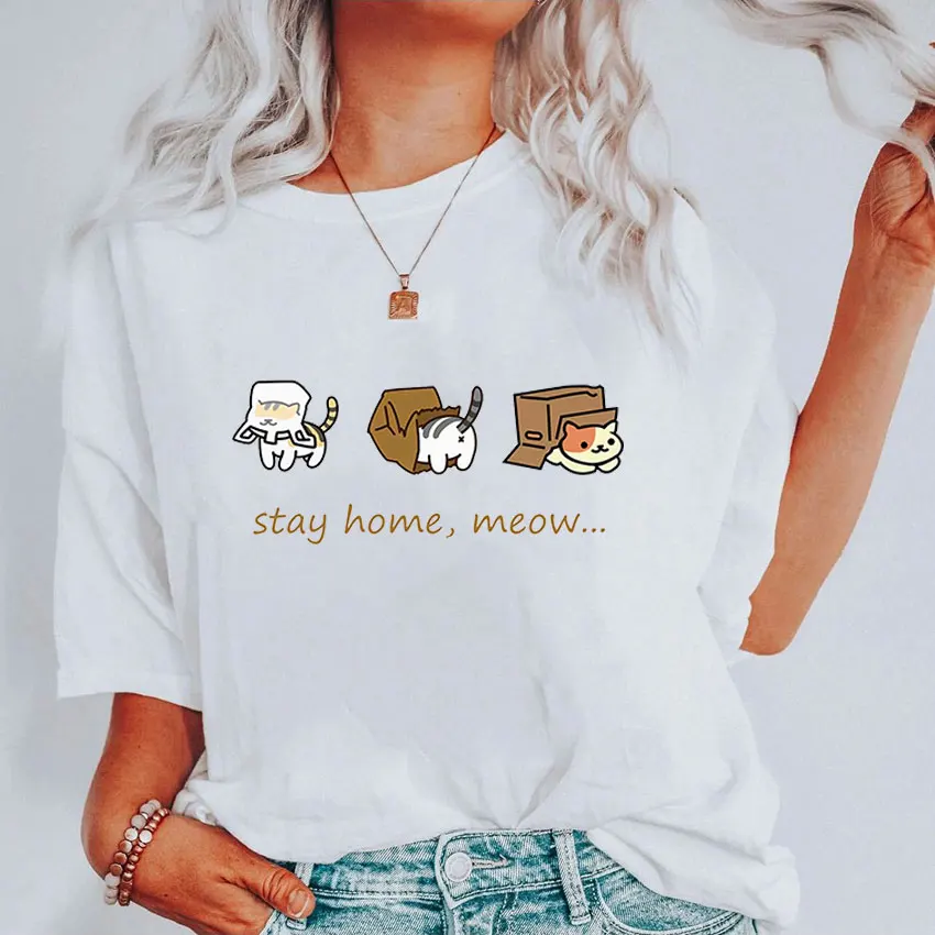 

Stay Home Meow Print Women's T-shirt Summer 100% Cotton Short Sleeve T Shirt Men Women Oversized T-shirts Couples Harajuku Tops