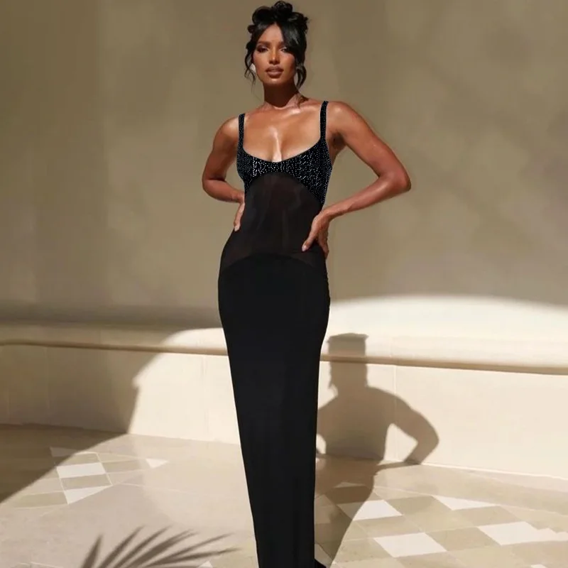 

Adogirl Women 2023 Summer New Solid Mesh See-through Strap Splicing Slim High Waist Long Dress Club Party Temperament Dresses