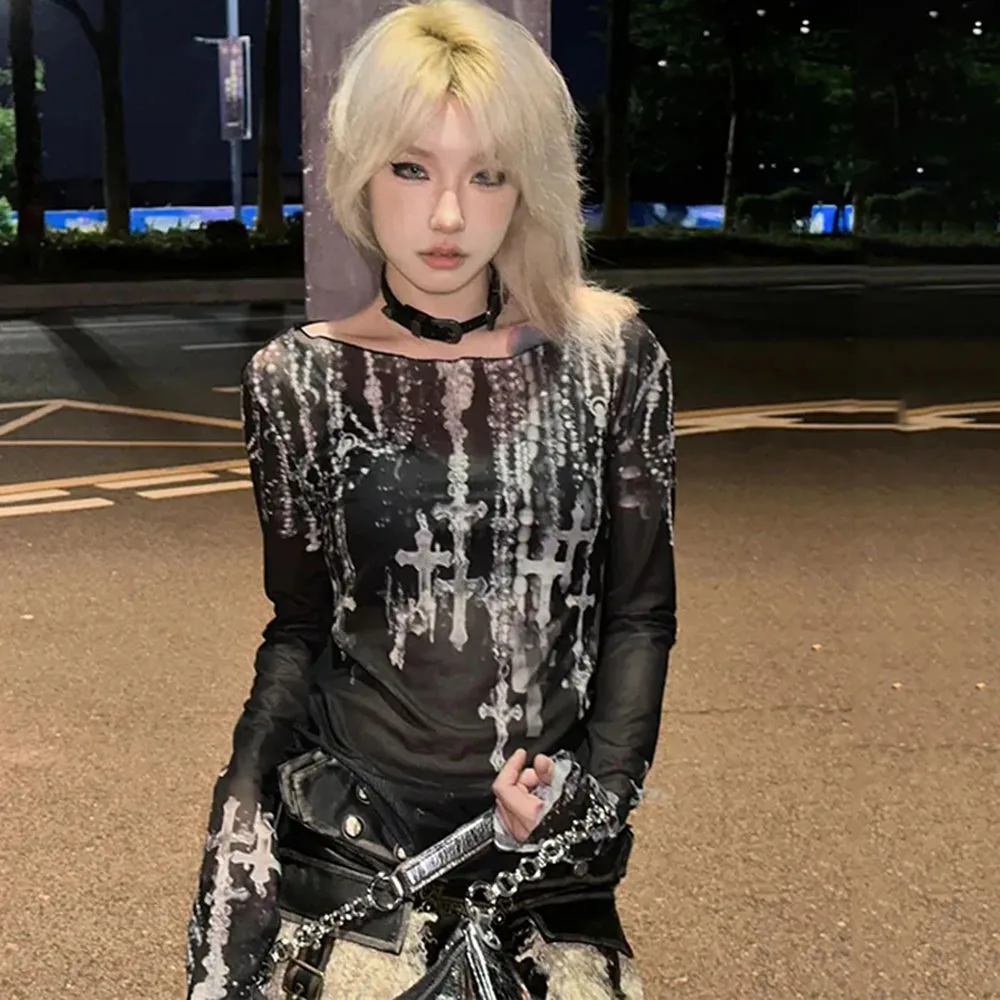 Женская футболка с длинным рукавом Goth кружевная Сетчатая Y2K перекрестным
