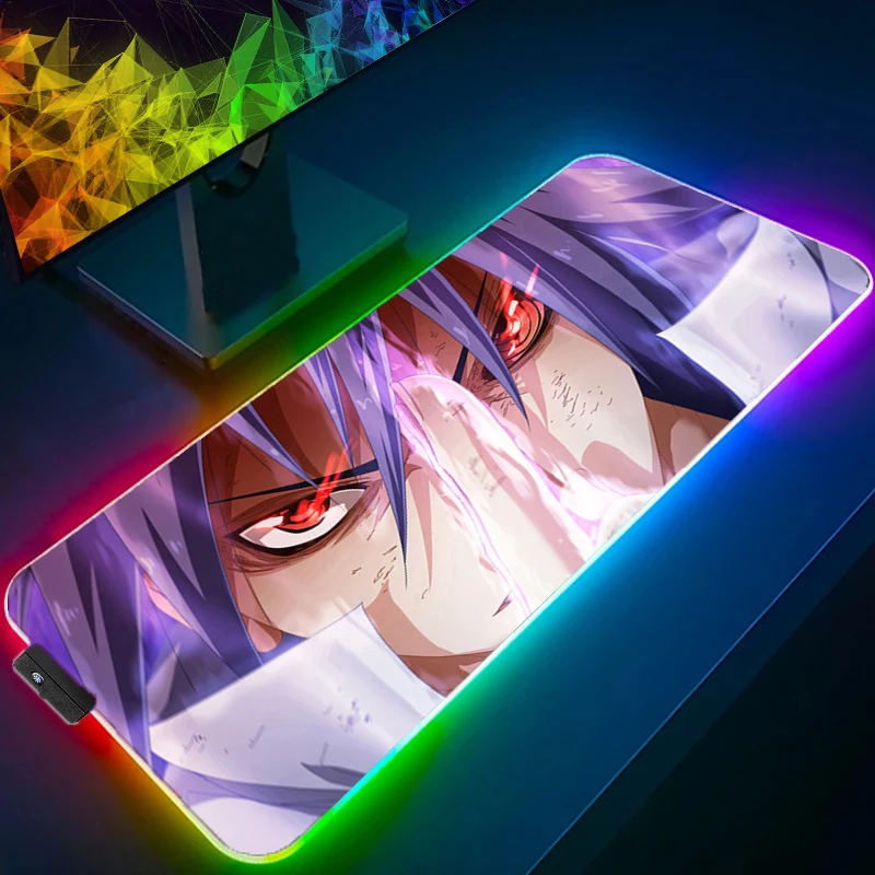 Фото RGB подсветка NARUTO Uchiha Sasuke коврик для мыши аниме Gabinete геймер компьютер светодиодный настольный коврик клавиатура игровые аксессуары большой коврик для мыши №1