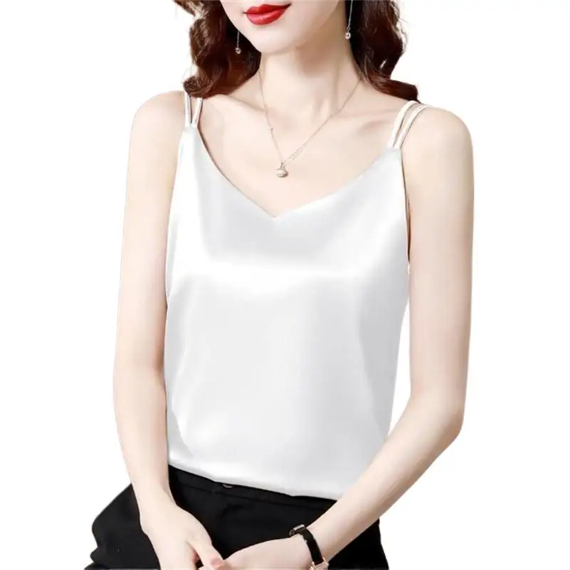 

Office Lady Ice Silk Camisoles Elegant Solid Smooth Satin Camis V-Neck Slim Spaghetti Strap Top 2023 Spring Summer Bottoming Top