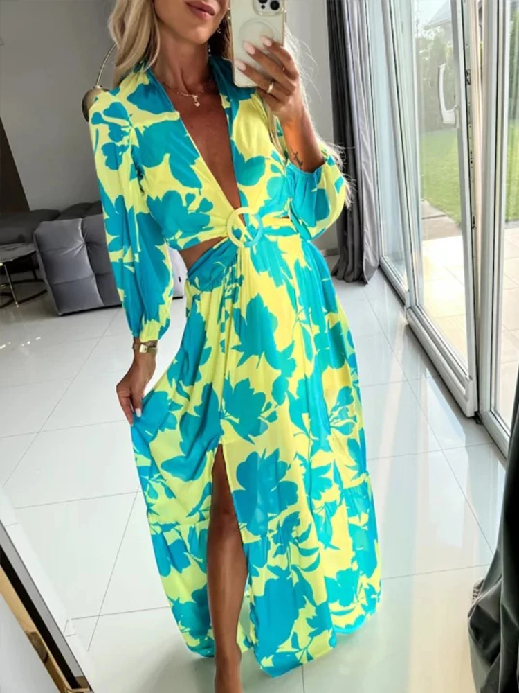 

Женское шифоновое длинное платье с цветочным принтом, элегантное пляжное платье с глубоким V-образным вырезом, открытой спиной и разрезом