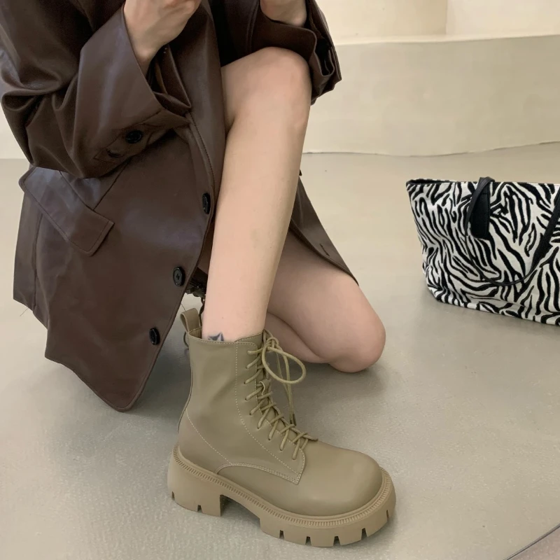 Ladies Winter Thick Heel Punk Ankle Boots Shoes Cross Lace Up Solid Color Ladies Casual Fashion Elegant Botas Mujer Women Shoes