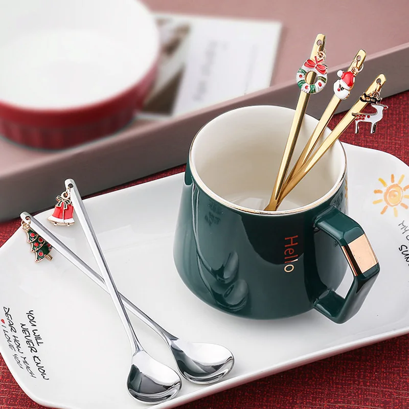 

1Pcs Merry Christmas Stainless Steel Spoon Gold Silver Elk Snowman Santa Pendant Coffee Dessert Spoon Party Tableware Home Xmas