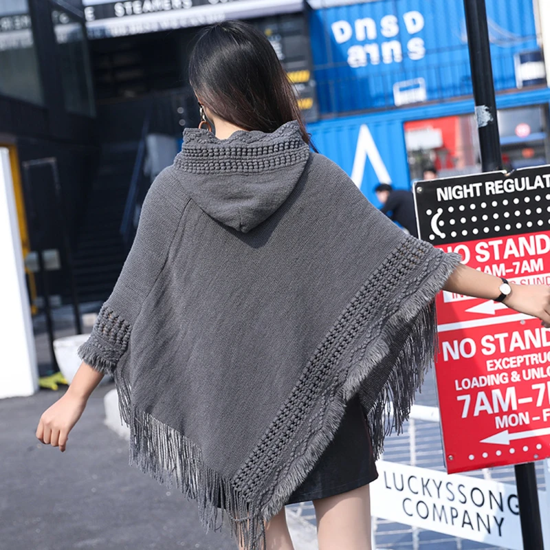 

Fringe Poncho New Women Ladies Tassel Cape Coat Oblique Solid Color Simple All-Match Stripe Coat Bohemian Shawl Scarf