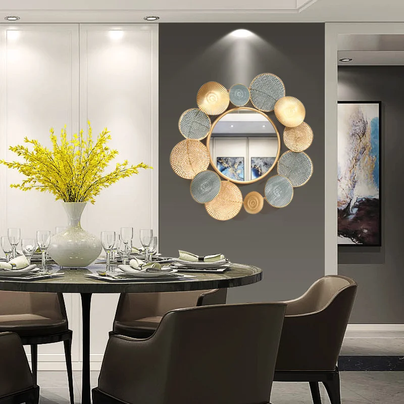 

style European light luxury round gold wall hanging modern wrought iron mirror ornaments background wall porch wall decoration