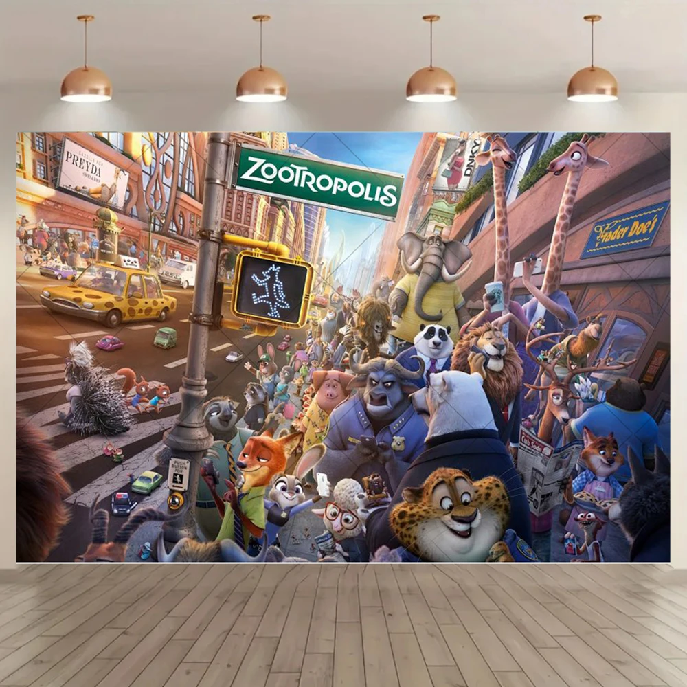 Фото Фон для фотосессии с героями мультфильма Disney «Зверополис», Ник и Джуди, баннер для дня рождения, детского праздника, украшение для фотосессии №5