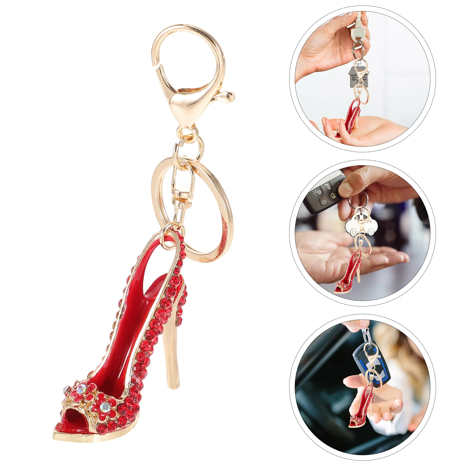 

Enamel High Heels Keychain Girl Child Gold Fringe Trim Shoe Keychains Rhinestones Holder