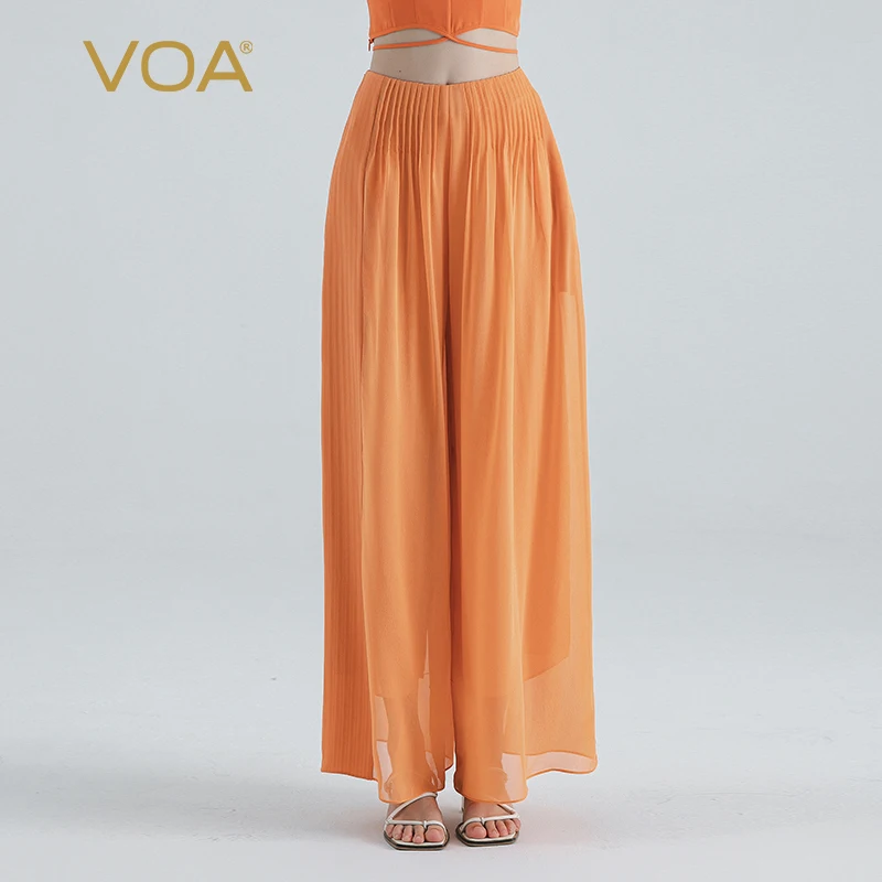 

(Fans Exclusive Discount) VOA Silk Georgette Summer Pleated Culotte Orange Wide Leg Trousers Streetwear Women Trousers KE857