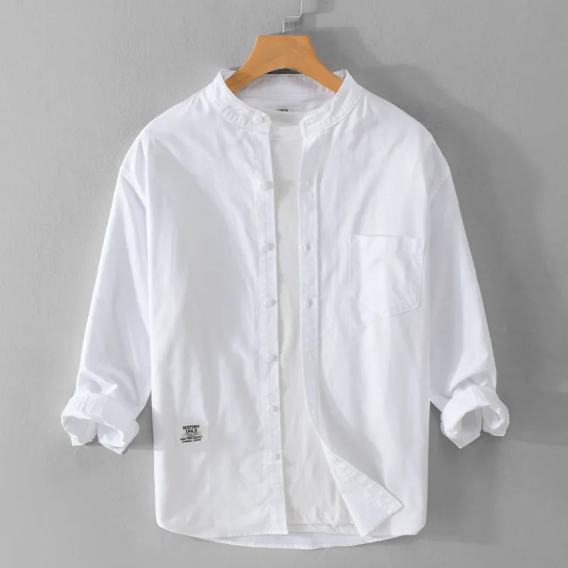 

2023 Fashion Men's Oxford Cotton Split Sleeve Shirt Comfortable and Loose Relaxed Standing Collar Simple Cotton Art Men's Shirt