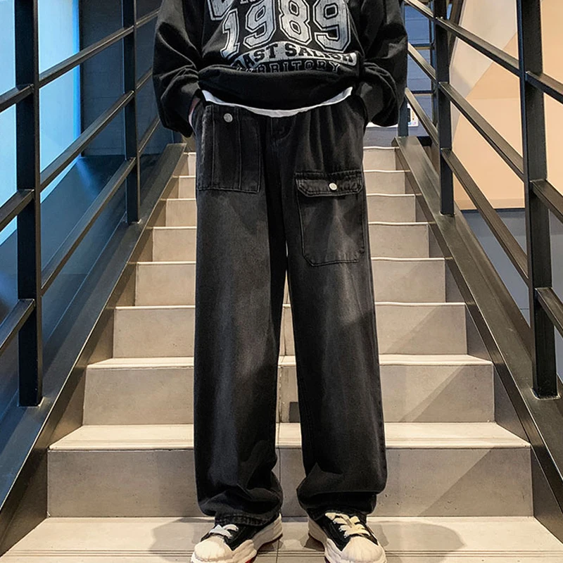 Men Cargo Pants Hip Hop Youth Street Jeans Casual Business Vintage Style Loose Black Straight Denim Pants 2023 New Male Clothing