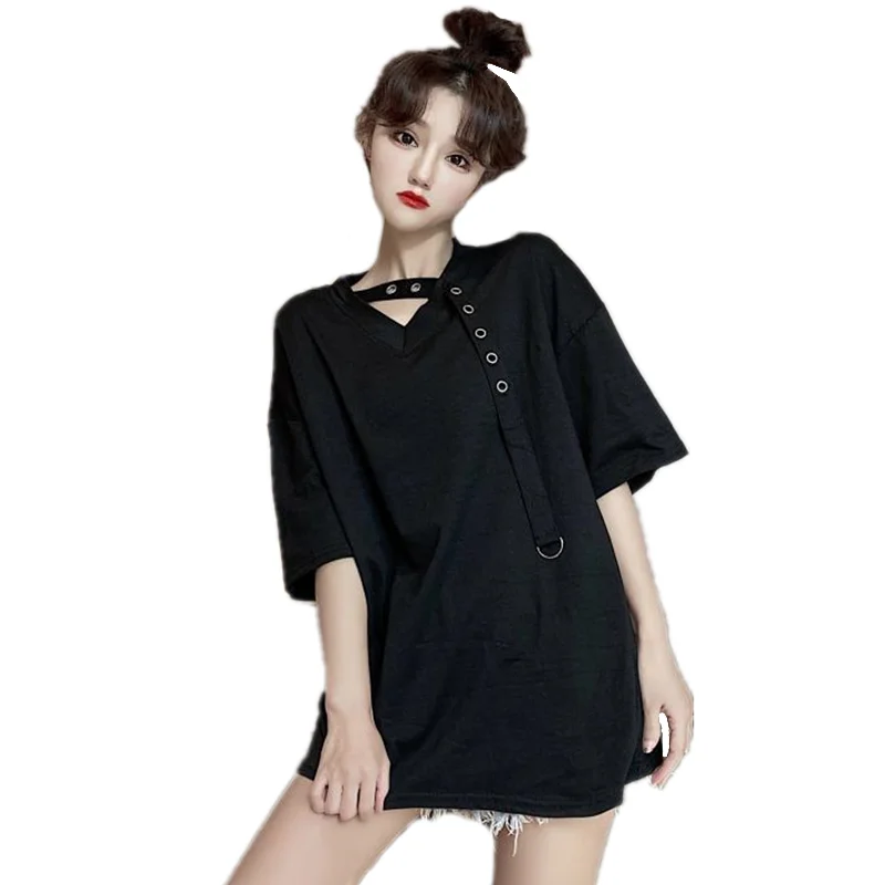 

2022 New Summer Women V-neck Loose Short Sleeve Solid T-shirt Female Casual Black White Tshirt Cross Ribbon Tee Shirts