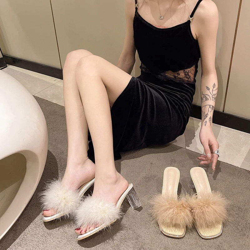 

2023 Women's Summer Shoes High Heel Sandals Fluffy Sexy Coarse High Heels Women's Open Toe Shoes Extremely Late Party Shoes