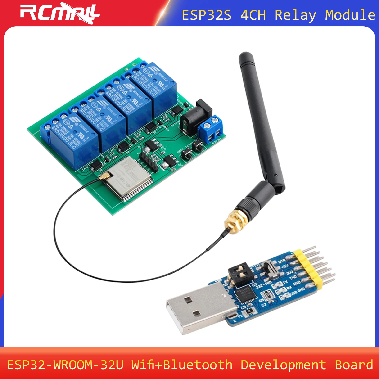 Фото ESP32S 4-канальный релейный модуль ESP32-WROOM-32U Wi-Fi + Bluetooth Dev Board + 2,4G WIFI-антенна + последовательный модуль CP2102 для Arduino IoT №1