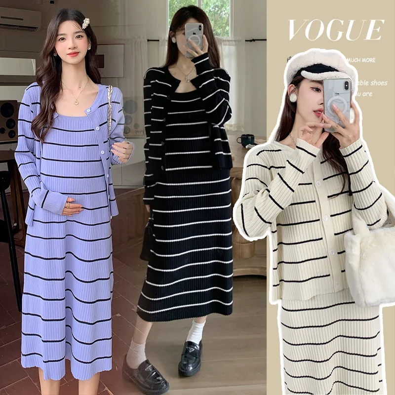 Осенний комплект одежды для беременных полосатые вязаные кардиганы с длинными