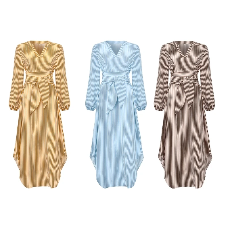 

50JB Женское полосатое платье-рубашка с длинным рукавом и V-образным вырезом, струящиеся свободные платья-миди с поясом