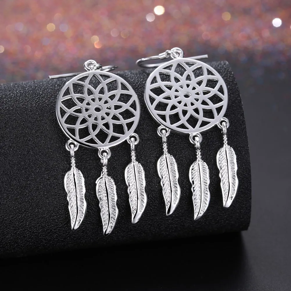 

925 Sterling Silver Dream catcher feathers earrings for woman fashion designer party wedding accessories Jewelry Birthday gifts