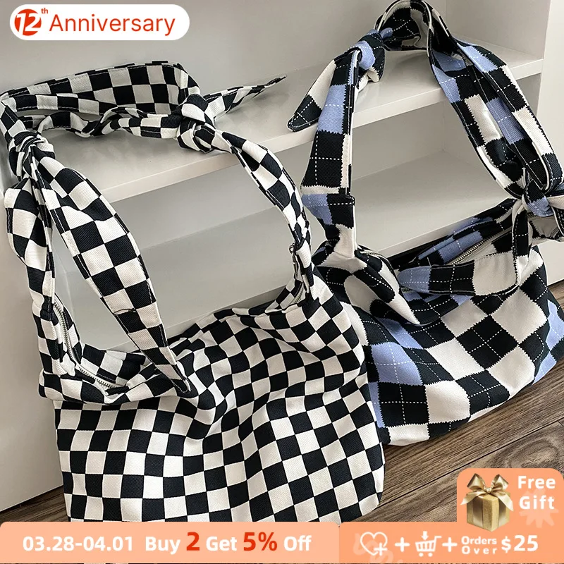 

Retro Checkerboard Plaid Women's Shoulder Bag Large Capacity Girl Student School Messenger Bags Canvas Tote Handbags Shopper Bag