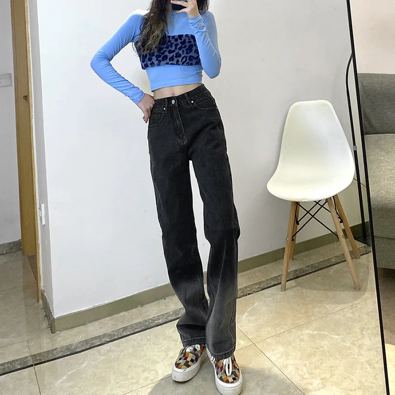 Fashion Gradient Casual Straight-leg Jeans 2021 Spring Summer New Trousers Women Street Indie Heart Print High Waist Loose Pants